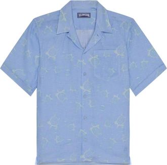 Vilebrequin Linen Bowling Shirt Bubble 3D - Heren - Korte mouwen Overhemden - Blauw - 2XL - Wol - Overhemden