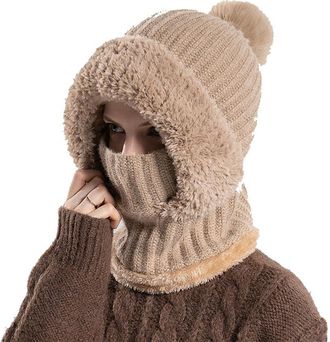 Generic 3 in 1 Beanie Hat for Women, 3 in 1 Cold Resistant Hat with Mask, Hooded Piece Windproof Warm Snow Cap, Soft and Comfortable (Khaki)