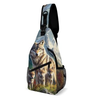 Generic Wolf Family Unisex Shoulder Bags Casual Crossbody Chest Bag Sling Backpack for Hiking Cycling Travel