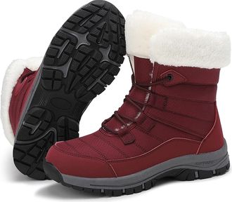 Generic Womens Winter Hiking Boots - Thickened Fluffy Ankle Snow Boots with Faux Fur Lining, Anti-Slip Casual Outdoor Booties(Red,8.5)