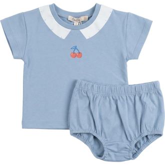 Lola Cherry Print Two Piece Short Sleeve Top and Matching Bloomers Set in Stone Blue at Nordstrom, Size 24M