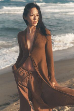 Alo | Sheer Cashmere Long Cardigan Top in Sun Kissed Brown, Size: Large