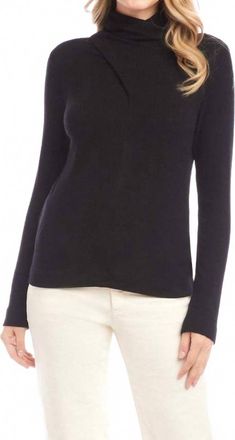 Karen Kane Ribbed Faux Wrap Turtleneck Top In Black