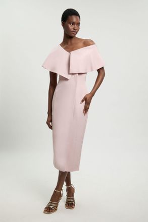 Karen Millen Womens Petite Polished Linen Blend Asymmetric Fold Detail Tailored Midi Pencil Dress - Light Pink Viscose - Size 10 UK