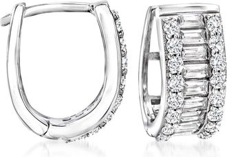 Ross-Simons Baguette and Round CZ Huggie Hoop Earrings in Sterling Silver