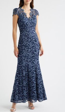 Eliza J Illusion Cap Sleeve Gown in Denim at Nordstrom, Size 8