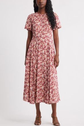 Chelsea28 Shirred Neck Puff Sleeve Midi Dress in Pink Noel Boho at Nordstrom, Size Xx-Small