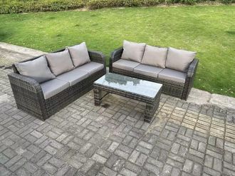 Fimous PE High Back Rattan Garden Furniture Set Lounge Sofa 3 Seater Sofa Set Outdoor Coffee Table 6 Seater in Dark Grey
