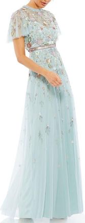 Mac Duggal Embellished High Neck Butterfly Sleeve Gown in Mint at Nordstrom, Size 16