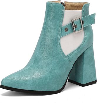 Generic Womens Ankle Boots Faux Leather Pointed Toe Chunky Block Heels Adjustable Buckle Side Zip Design Stylish Footwear For Daily Wear Evening Casual,Green,