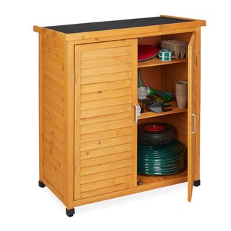 Relaxdays Armario Exterior 3 Baldas, Cobertizo Techo Inclinado, 2 Puertas, Herramientas, Madera, 97x86,5x47cm, Natural - Relaxdays