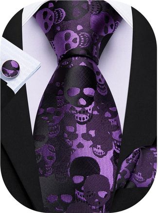 Barry.Wang Mens Purple Ties Halloween Tie Skull Pumpkin Fun Neckties Handkerchief Cufflinks Party Festival