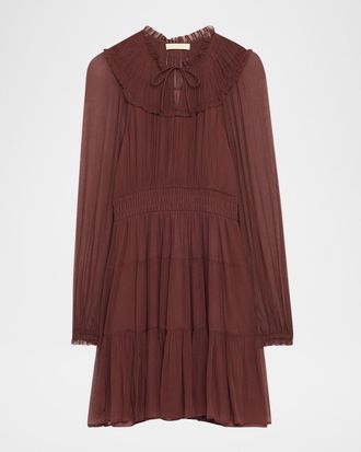 Ulla Johnson Ava Long-Sleeve Tiered Silk Mini Dress