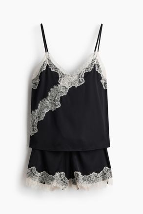 H&M Nachtw&auml;sche aus Satin mit Spitze - Schwarz/Cremefarben