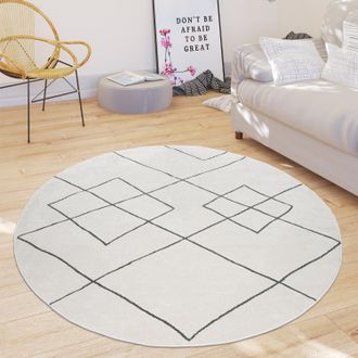 Paco Home Paco Home - Alfombra Sal&oacute;n Motivo Moderno Escandinavo Rombos Pelo Corto, Color Claro Blanco &Oslash; 120 Cm Redondo