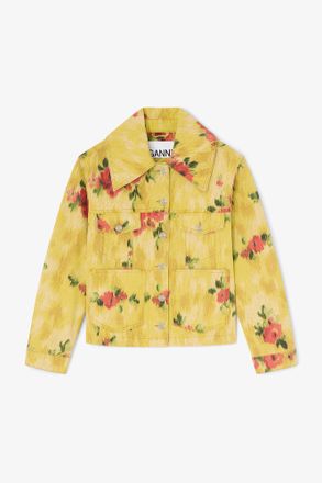 Ganni Vibrant Yellow Jacket in Printed Denim - Size 8/10 Organic Cotton