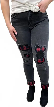 Judy Blue Womens Rayann Buffalo Plaid Patched Jeans In Black