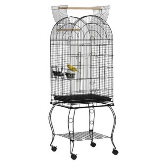 OEM Jaula Para P&aacute;jaros Con Soporte Y Ruedas Jaula De Acero Con Bandeja Extra&iacute;ble Y 2 Comederos 51x51x153 Cm Negro