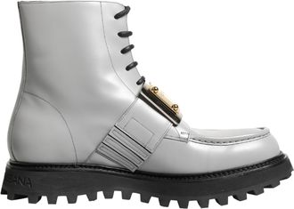 Dolce & Gabbana Gray Leather Logo Plaque Ankle Boots Mens Shoes