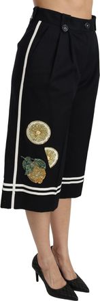 Dolce & Gabbana Womens Black Lemon Embellished Palazzo Cropped Pants Cotton Elastane