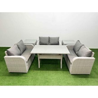 Fimous 6 Seater pe Wicker Rattan Furniture Sofa Sets with Rectangular Dining Table 2 Seater Love Sofa 2 Side Table Light Grey - Fimous