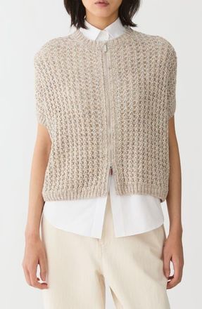 Lafayette 148 New York Short Sleeve Metallic Linen Blend Pointelle Cardigan in Sandstone Metallic at Nordstrom, Size X-Small
