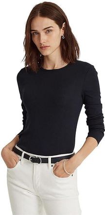 Lauren Ralph Lauren Cotton-Blend Long-Sleeve Top Womens Clothing Lauren Navy : LG, Cotton/Elastane