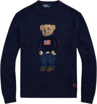 Polo Ralph Lauren Jacquard Katoenen Linnen Polo Bear Trui - Dames - Ronde hals truien - Blauw - XL - Katoen - Truien & Vesten