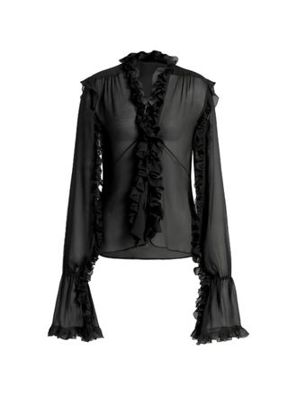 Alberta Ferretti Black Sheer Ruffled Silk Blouse