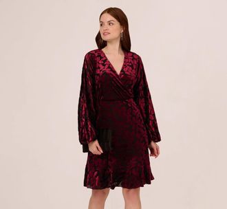 Adrianna Papell Velvet Burnout Dress Womens Burgundy Surplice Neck FROG336