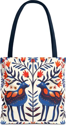 Generic Norwegian Folk Bird Pattern Tote Bag, Scandinavian Style Shopping Bag, Nordic Inspired Shoulder Bag, Folk Art Tote, Navy, 16 × 16