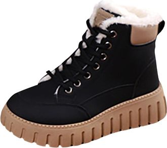 Generic Womens Combat Boots Lace Up Round Toe Chunky Platform Sole Non-Slip Fleece Plush Lined Warm Winter Retro Ankle Boots Ladies Casual Shoes Size 5.5