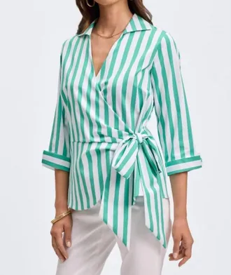 Foxcroft Striped Wrap Blouse In Kelly Green/ White