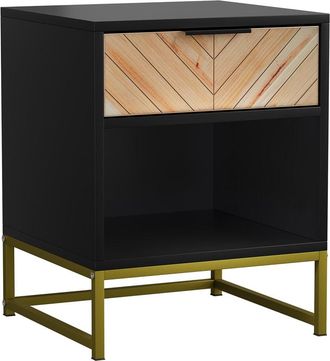 Urban Meuble Mesita de noche negra con caj&oacute;n de madera en espiga y patas de metal