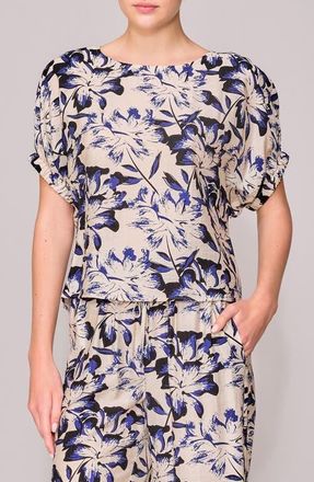 Melloday Floral Print Short Sleeve Top in Navy Ivory at Nordstrom, Size Large