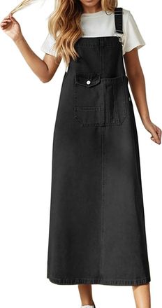 Generic Womens Casual Suspender Dress Loose Sleeveless Denim Overall Jumpsuit Long Pinafore Dungarees with Adjustable Straps and Pockets, Comfort Fit Long Len