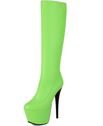 Generic Womens Knee High Boots Round Toe Stiletto Heels Platform Side Zip PU Leather Soft Upper Cushioned Insole Comfortable Non Slip Wear Resistant Party Eve
