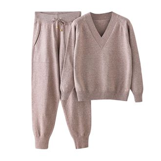 Generic Brown Long Sleeve Top Women Jumper Dresses Women Ladies Solid Color Casual Sweater Pullover Harlan Trousers Set Two Womens Neck Tops Womens Loose Long