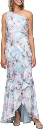 Alex Evenings Flower Print Burnout Chiffon One-Shoulder Gown in Blue/Multi at Nordstrom, Size 14