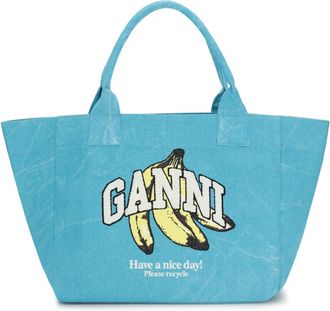 Ganni Womens Tote Bag Banana Print Blue Curacao Recycled Cotton Shoulder
