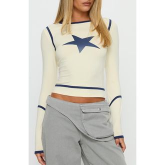 Princess Polly Starshot Long Sleeve Graphic T-Shirt in Cream at Nordstrom, Size 12