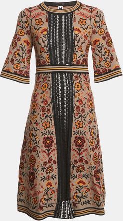 M Missoni Brown Floral Pattern Knit Lace Trim Midi Dress