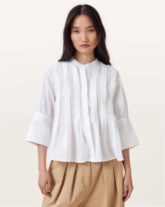 AllSaints Linen Inara Pleated Linen Shirt, Size: UK 16/US 12
