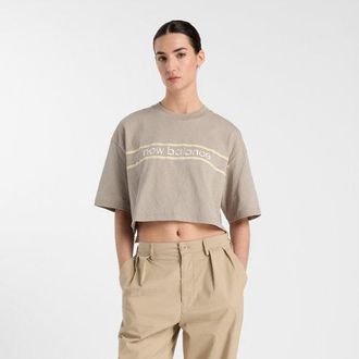 New Balance Womens Athletics Linear Logo T-Shirt in Beige Cotton, size Large