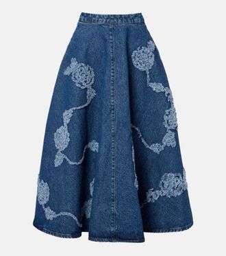 Rotate Berty embroidered denim midi skirt