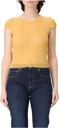 Pinko Tambora Maglia Crepe - Dames - Ronde hals truien - Geel - M - Katoen - Truien & Vesten