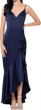 Xscape Satin Ruffle High Low Formal Dress In Navy