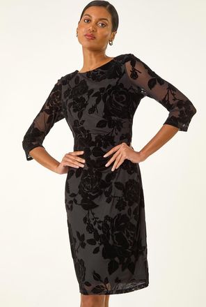 Roman Floral Flock Pleat Detail Dress