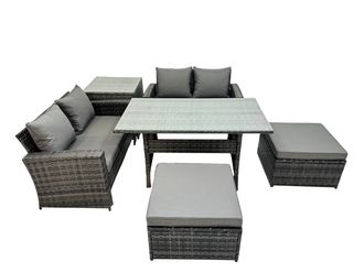Fimous 6 Seater Outdoor Table Double Seat Sofa Side Table 2 Big Stools Set in Dark Grey