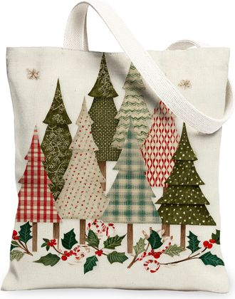 Generic Christmas Trees Canvas Tote Bags, Rustic Holiday Reusable Grocery Bags, Lightweight Washable Shoulder Strap for Outdoor Travel Beach Picnic 13x15 Inch